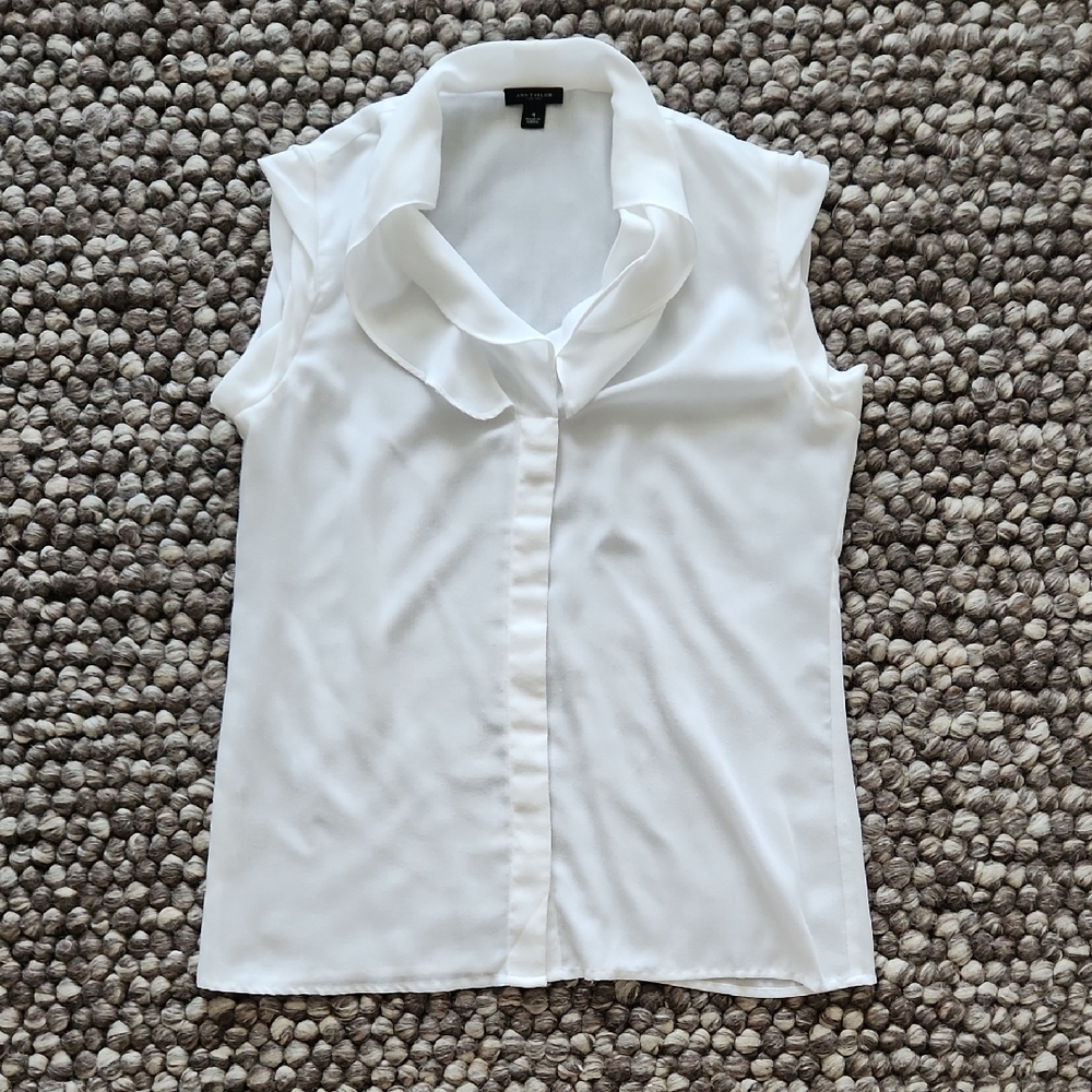 Banana Republic White Sleeveless Ruffle Neck Blouse